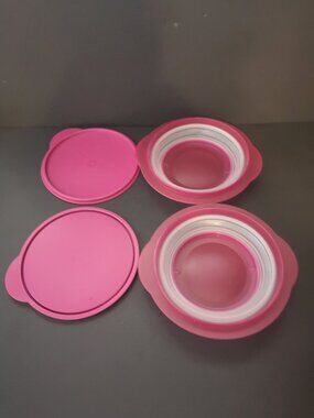 Tupperware Flat Out Collapsible Bowls Set of 2 Round Pink with Covers 950ml